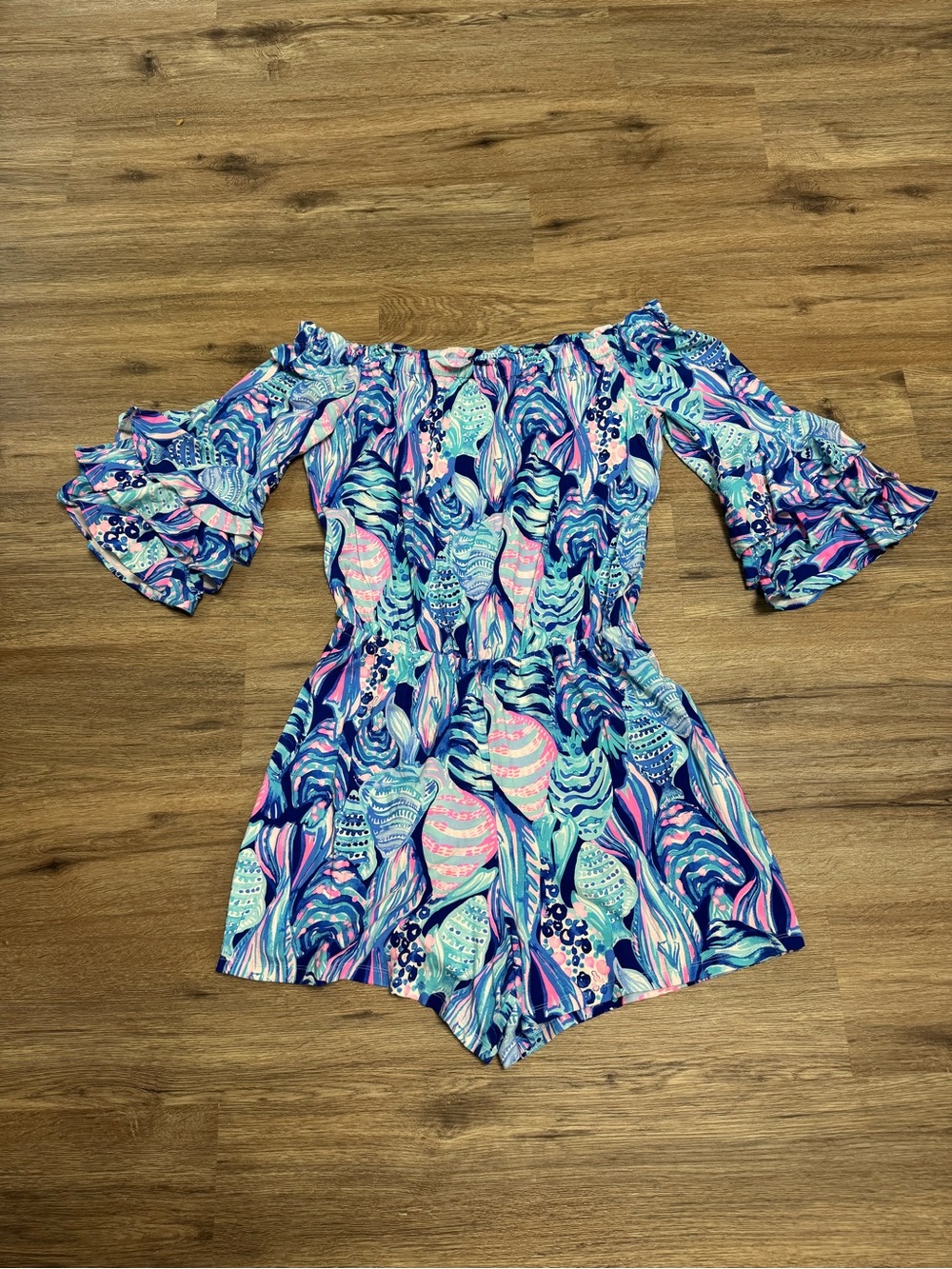 Lilly Pulitzer Off-Shoulder Ruffle Romper in Blue, Pink & Mint